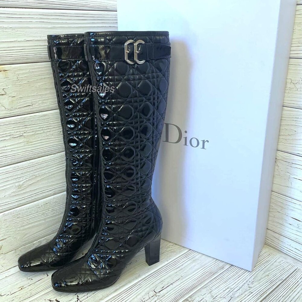 Dior Cannage Black Quilted Patent Leather Knee-High Boots Euro Size 38